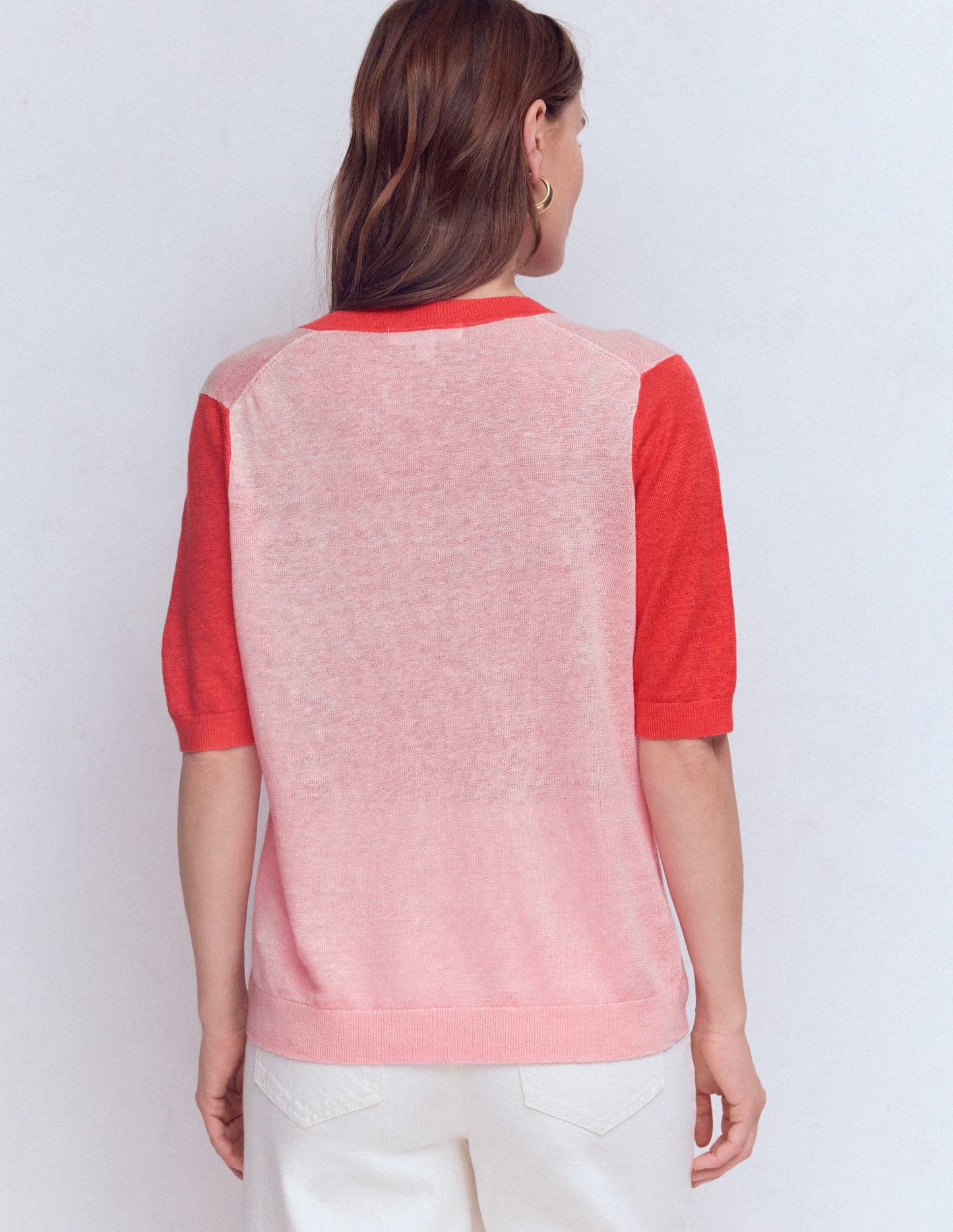 Agnes Linen V Neck T-Shirt-Pink Colour Block