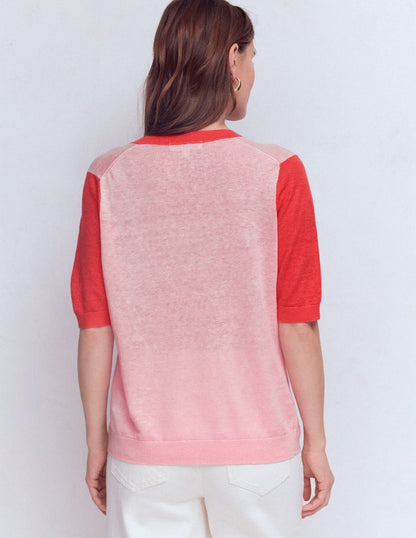 Agnes Linen V Neck T-Shirt-Pink Colour Block