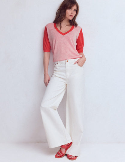 Agnes Linen V Neck T-Shirt-Pink Colour Block