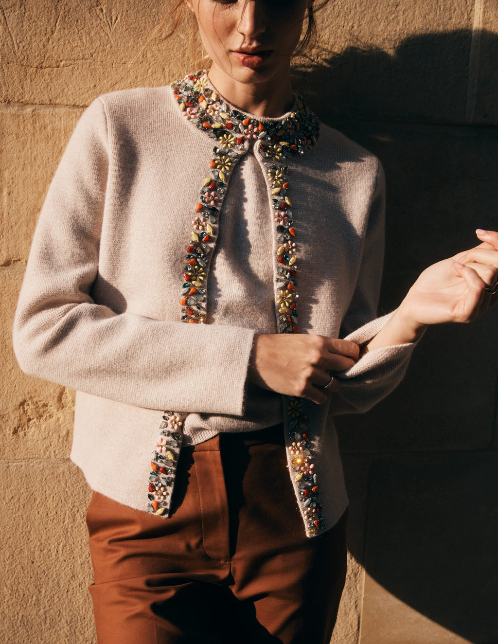 Embellished Knit Cardigan-Chinchilla Melange