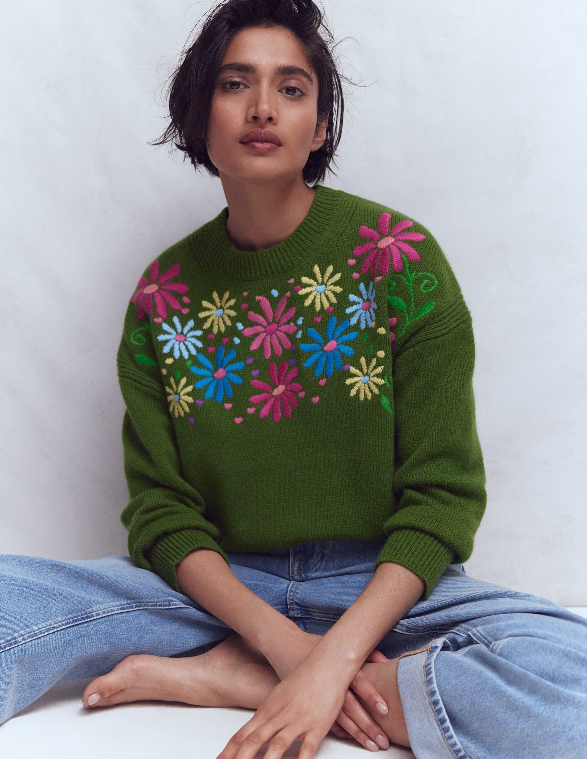 Isa Embroidered Sweater-Herb Garden, Green Flowers