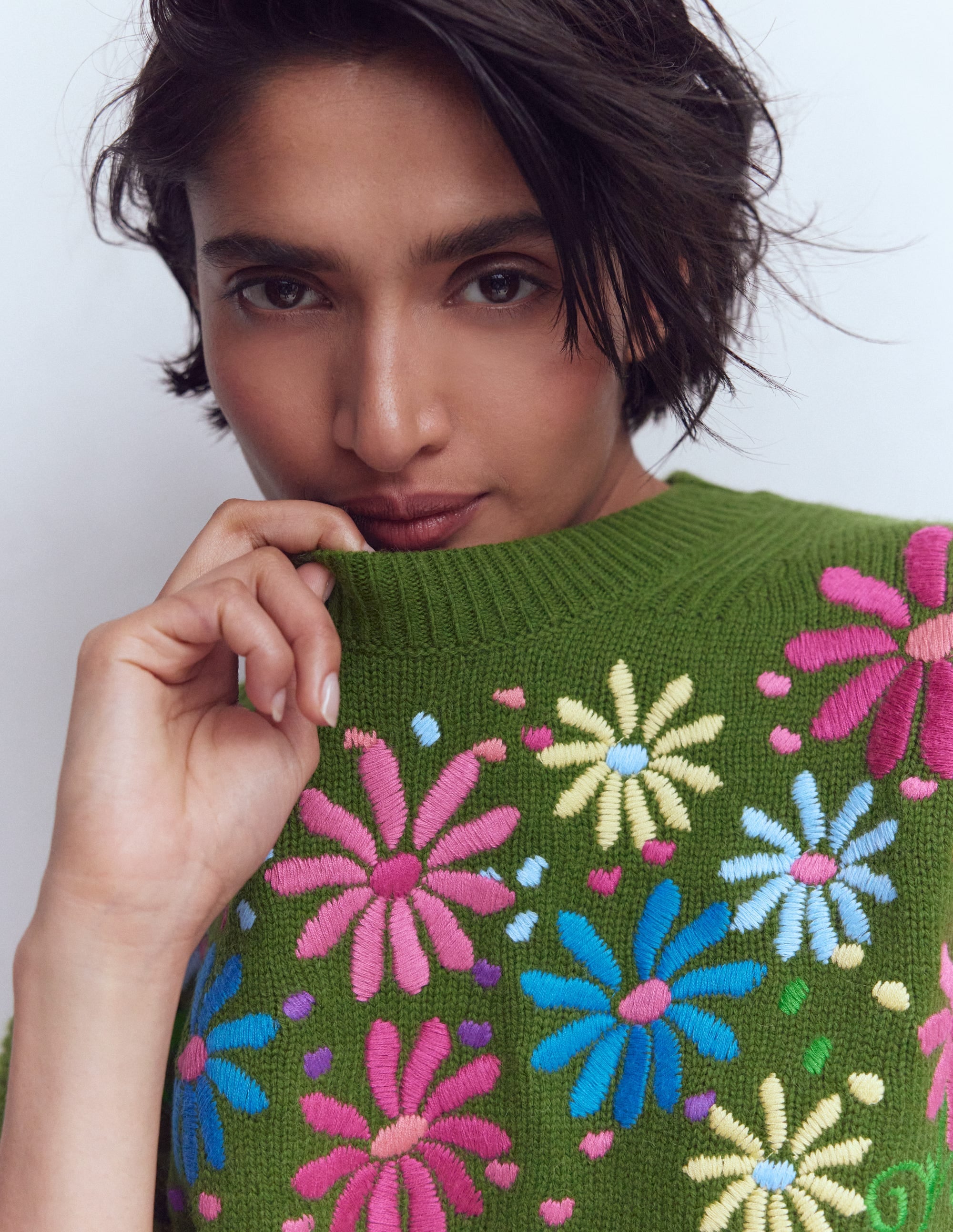 Isa Embroidered Sweater-Herb Garden, Green Flowers