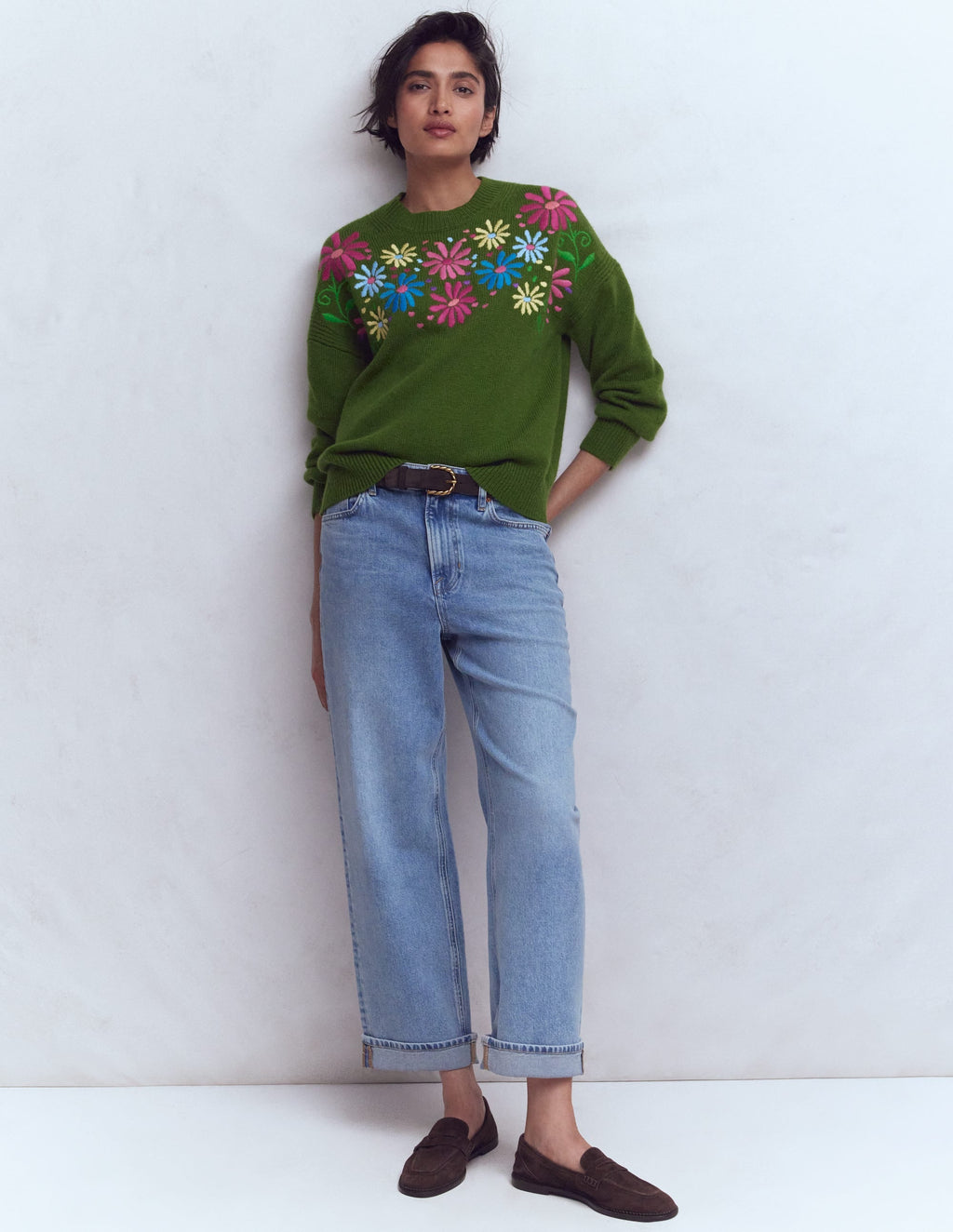 Isa Embroidered Sweater-Herb Garden, Green Flowers