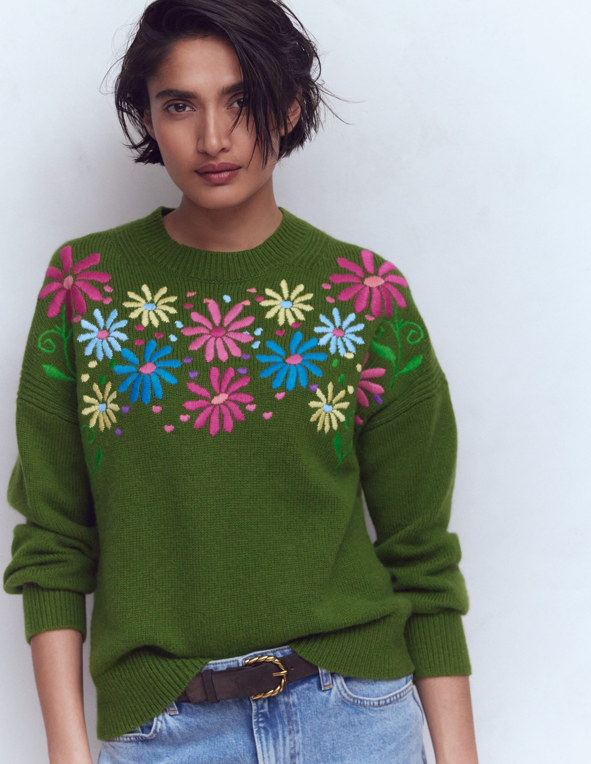 Isa Embroidered Sweater-Herb Garden, Green Flowers