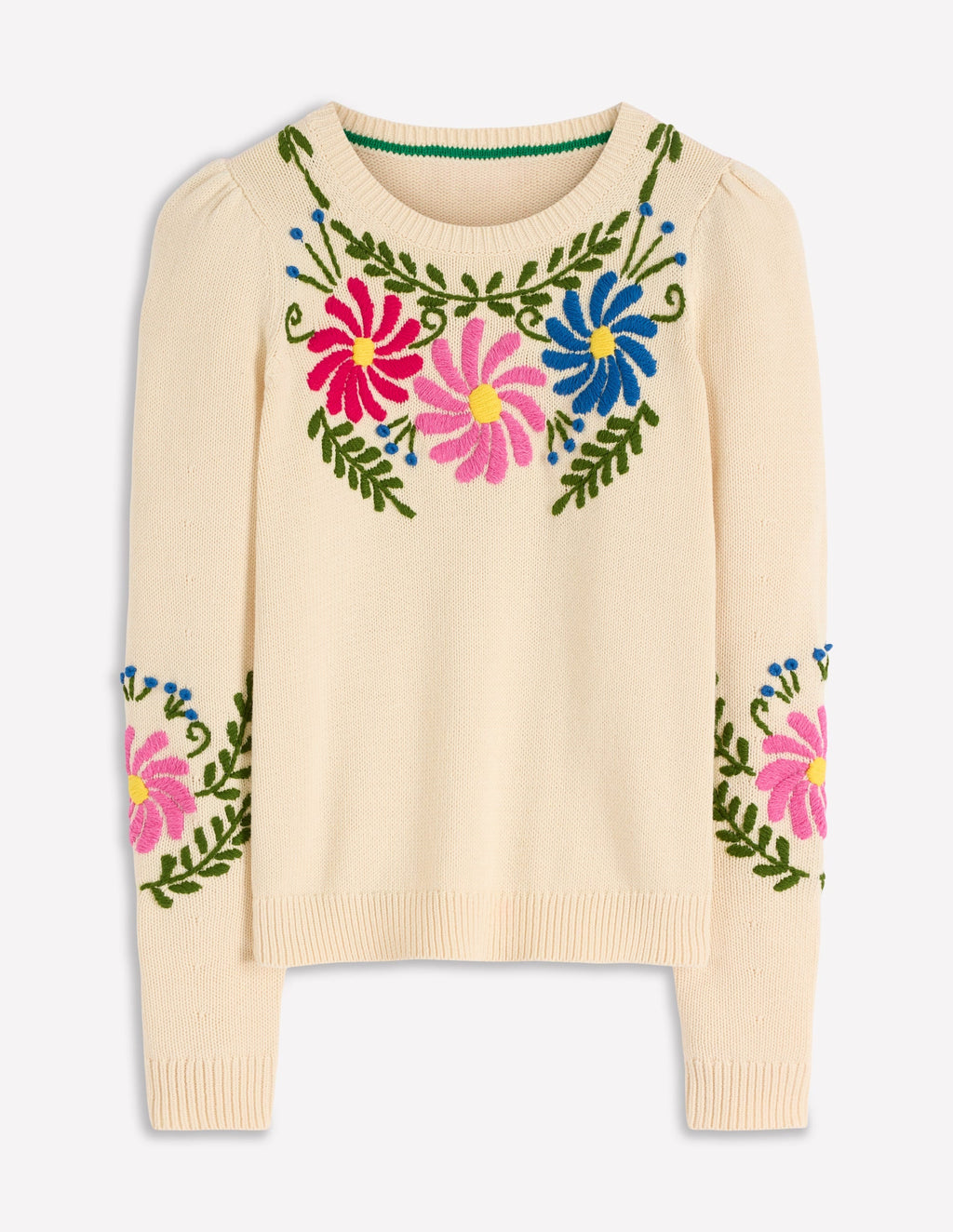 Davina Puff Sleeve Sweater-Ivory Embroidery