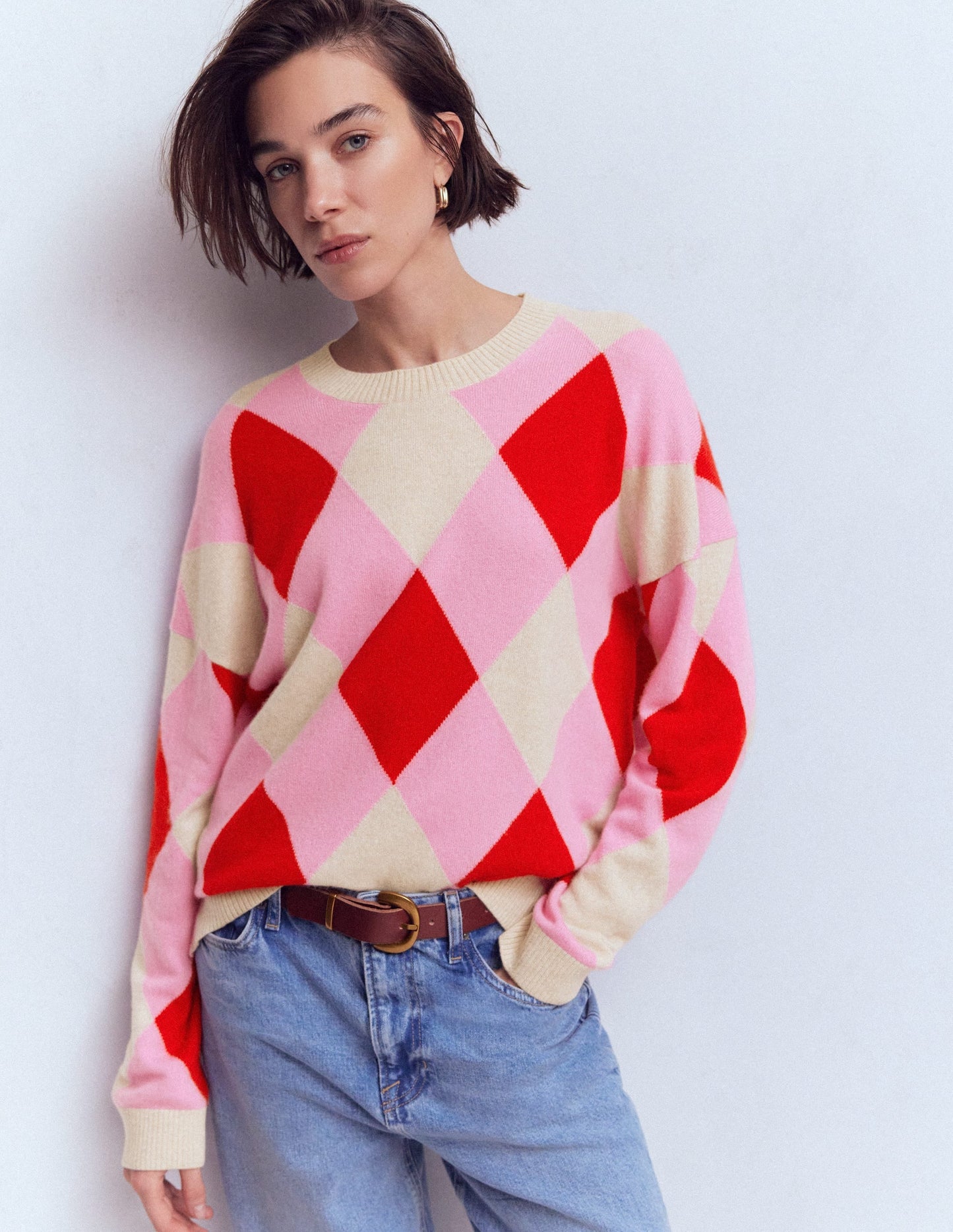 Anastasia Cashmere Sweater-Red and Pink Argyle