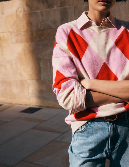 Anastasia Cashmere Sweater-Red and Pink Argyle