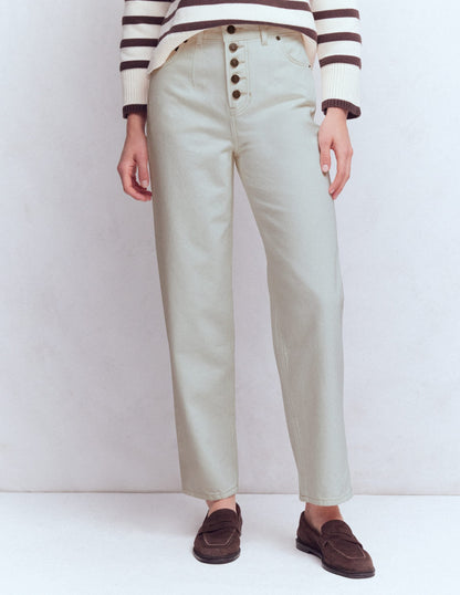 Exposed Button Straight Jeans-Ecru