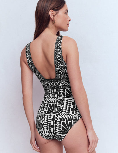 Porto V-neck Swimsuit-Black, Geo Stamp