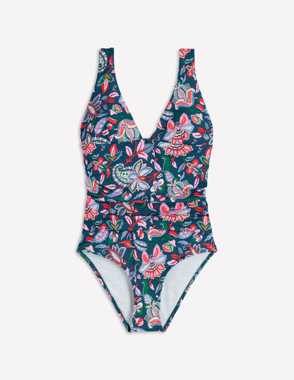Mykonos Deep V Swimsuit-Dark Blue, Botanical Trail