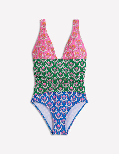 Mykonos Deep V Swimsuit-Multi, Ornamental Stamp