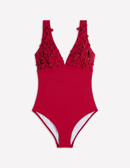 Flower Appliqué Swimsuit-Merida Red, Applique