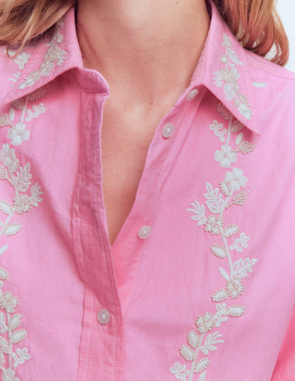 Sadie Relaxed Cotton Shirt-Pink Floral Beaded Oxford