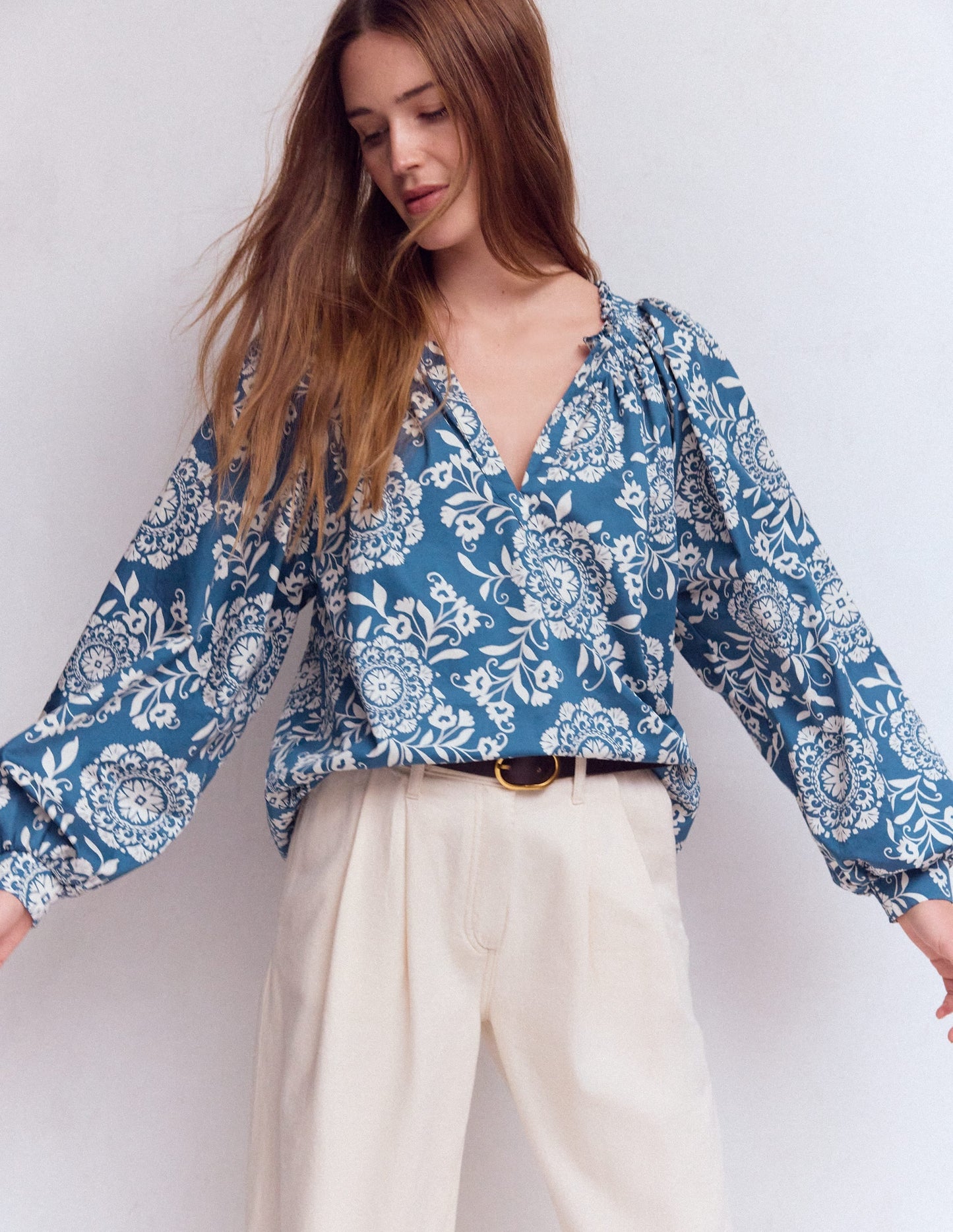 Serena Pleat Neck Top-Blue, Decorative Blossom