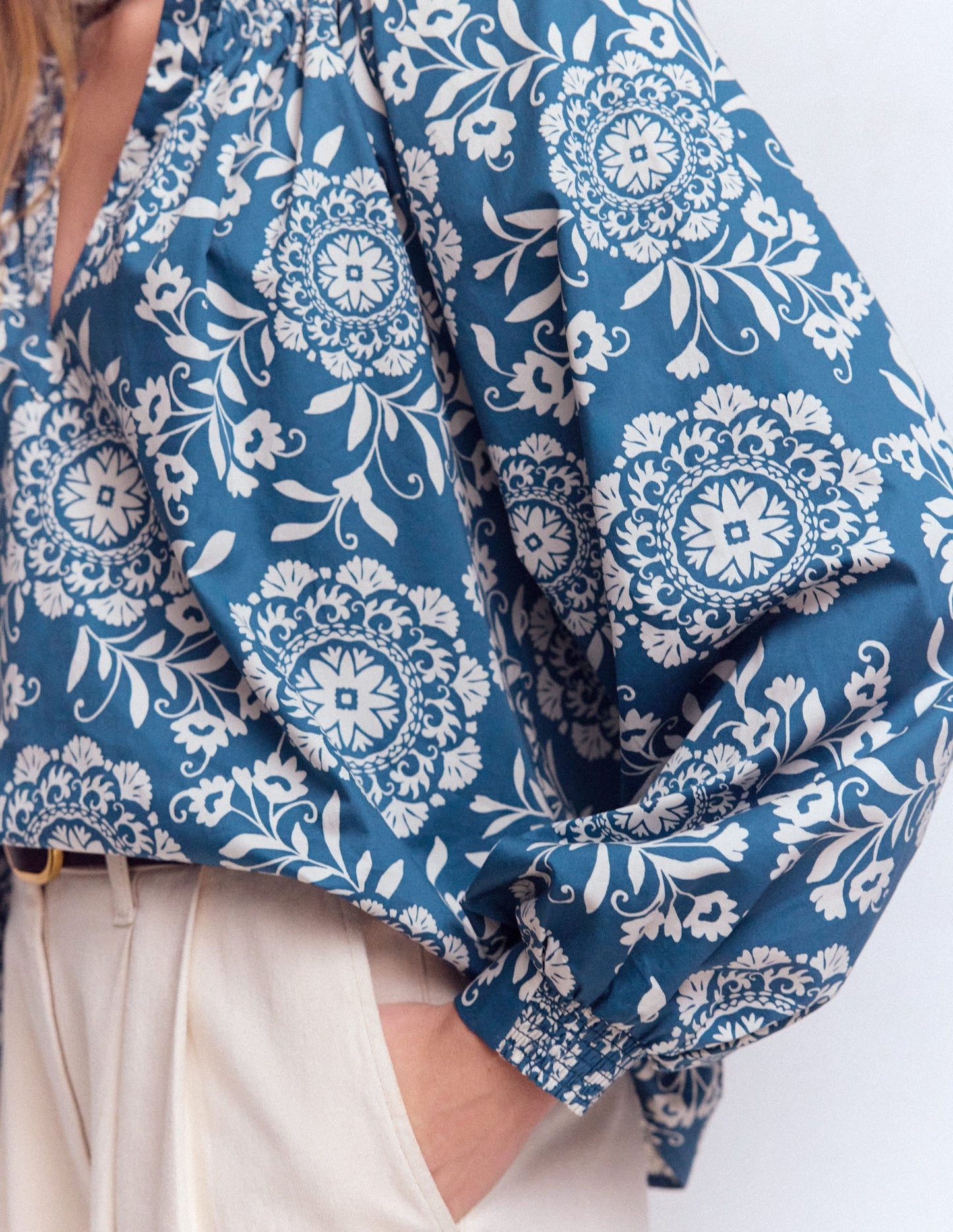 Serena Pleat Neck Top-Blue, Decorative Blossom
