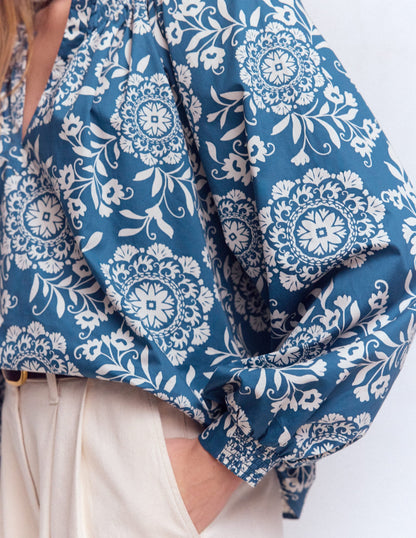 Serena Pleat Neck Top-Blue, Decorative Blossom