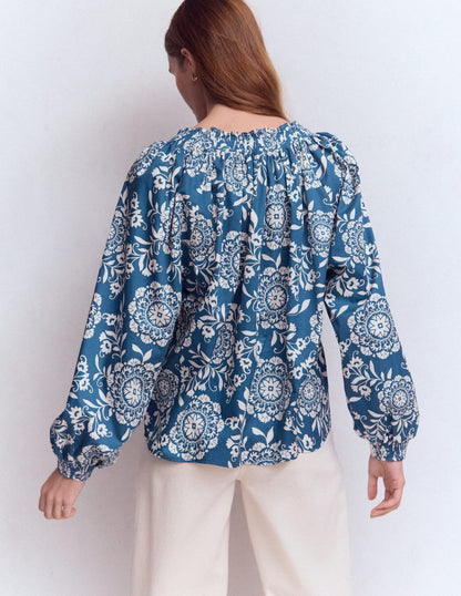Serena Pleat Neck Top-Blue, Decorative Blossom