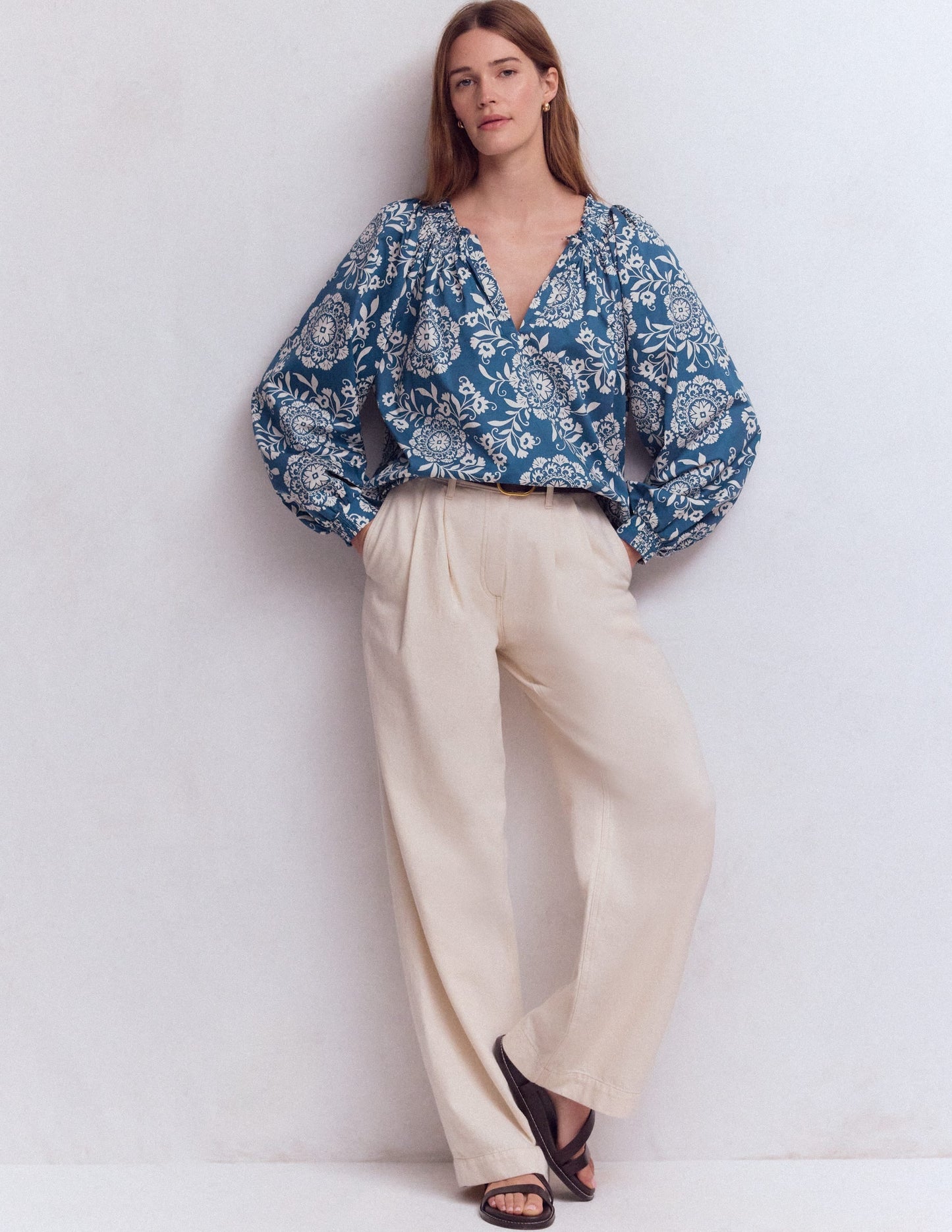 Serena Pleat Neck Top-Blue, Decorative Blossom