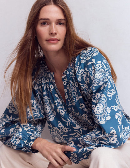 Serena Pleat Neck Top-Blue, Decorative Blossom