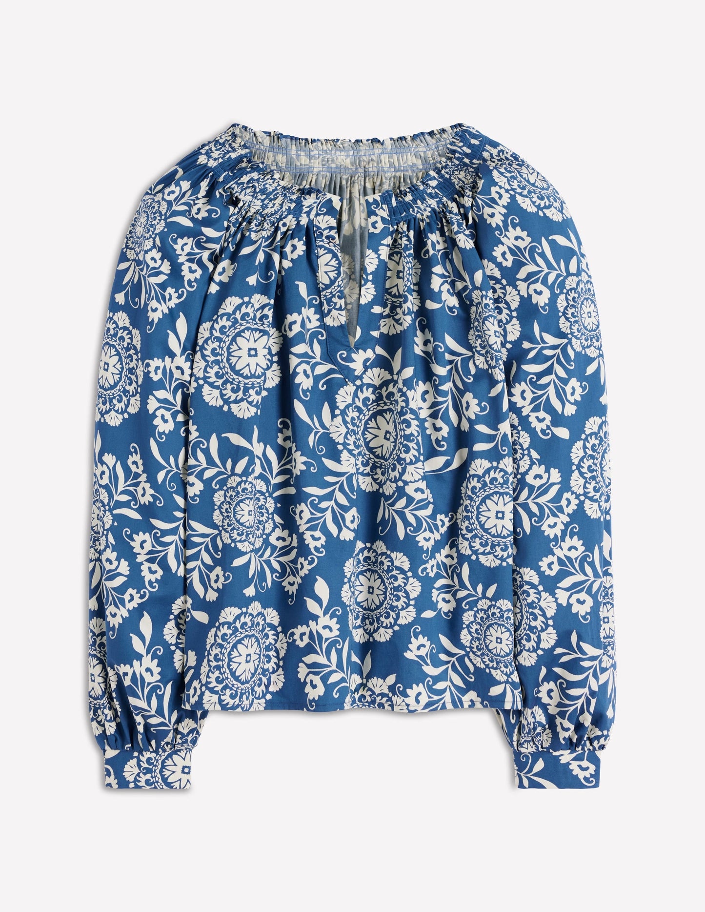 Serena Pleat Neck Top-Blue, Decorative Blossom