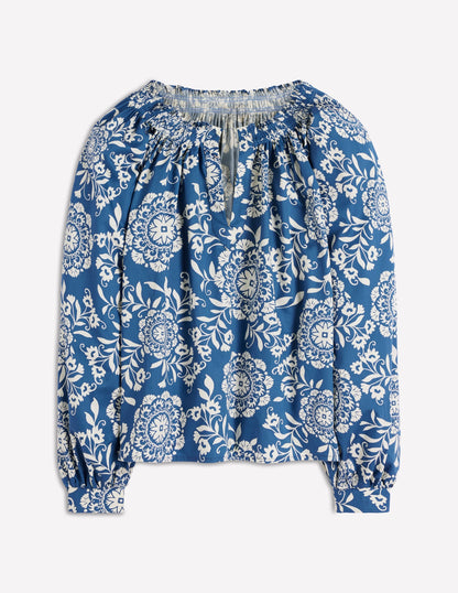 Serena Pleat Neck Top-Blue, Decorative Blossom
