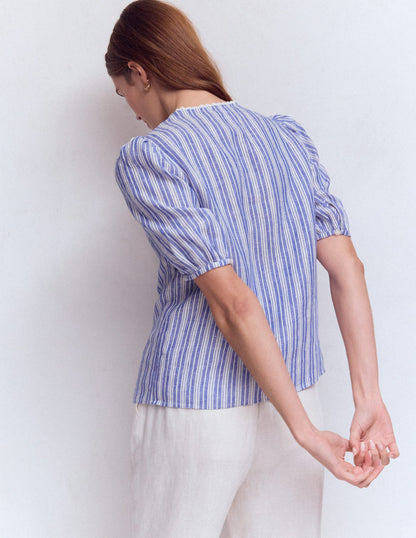 Leah Short Sleeve Linen Top-Bright Blue Varigated Stripe
