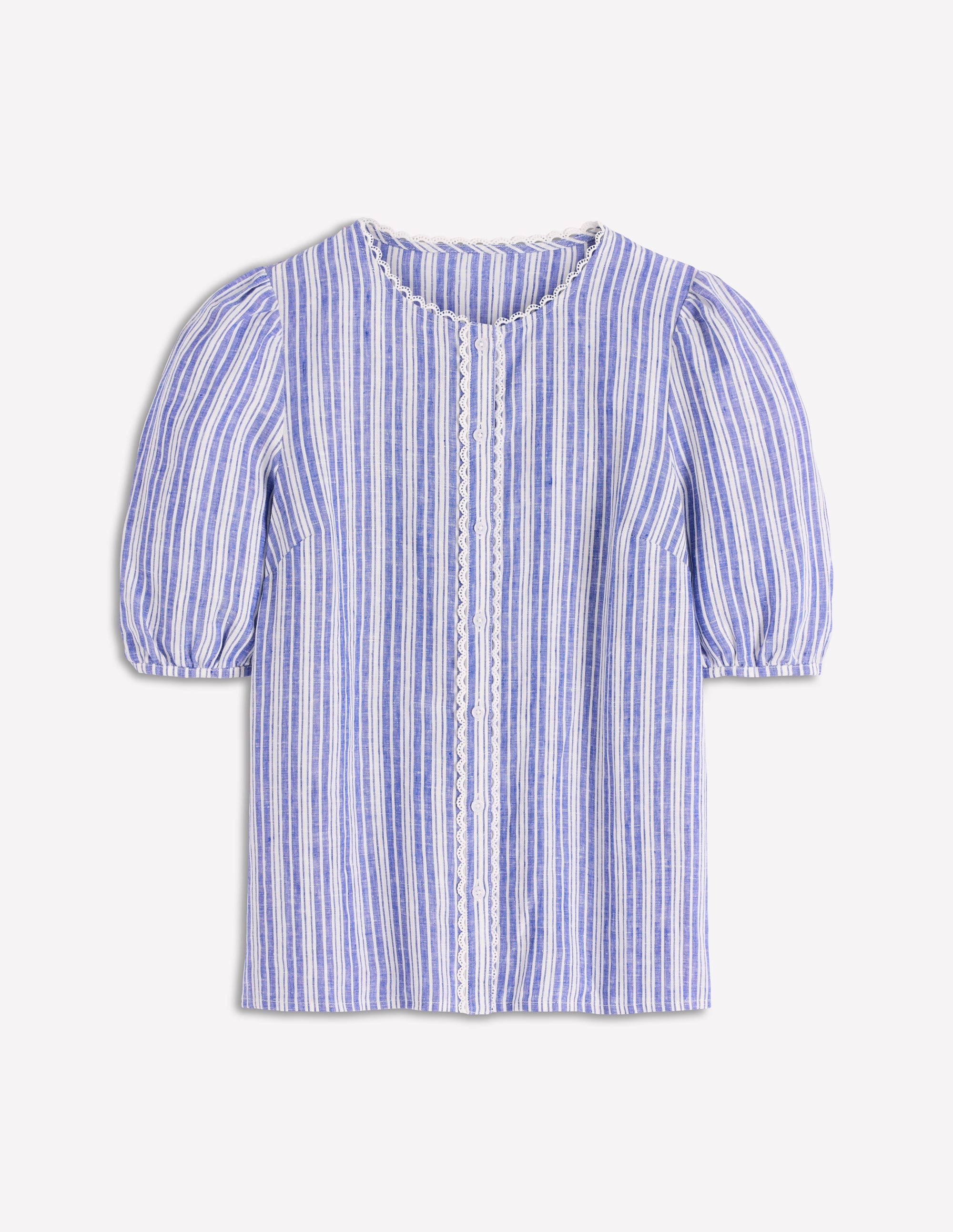 Leah Short Sleeve Linen Top-Bright Blue Varigated Stripe