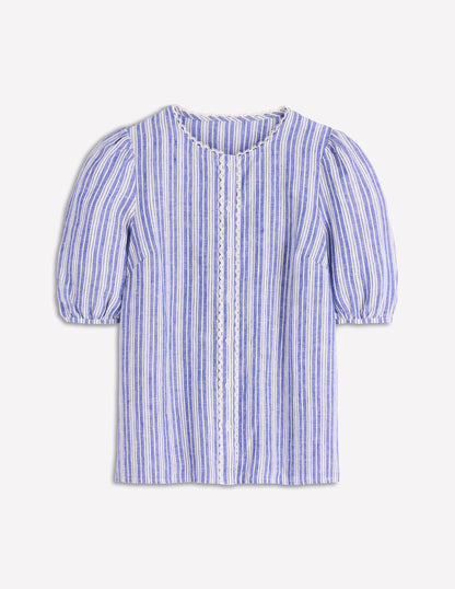 Leah Short Sleeve Linen Top-Bright Blue Varigated Stripe