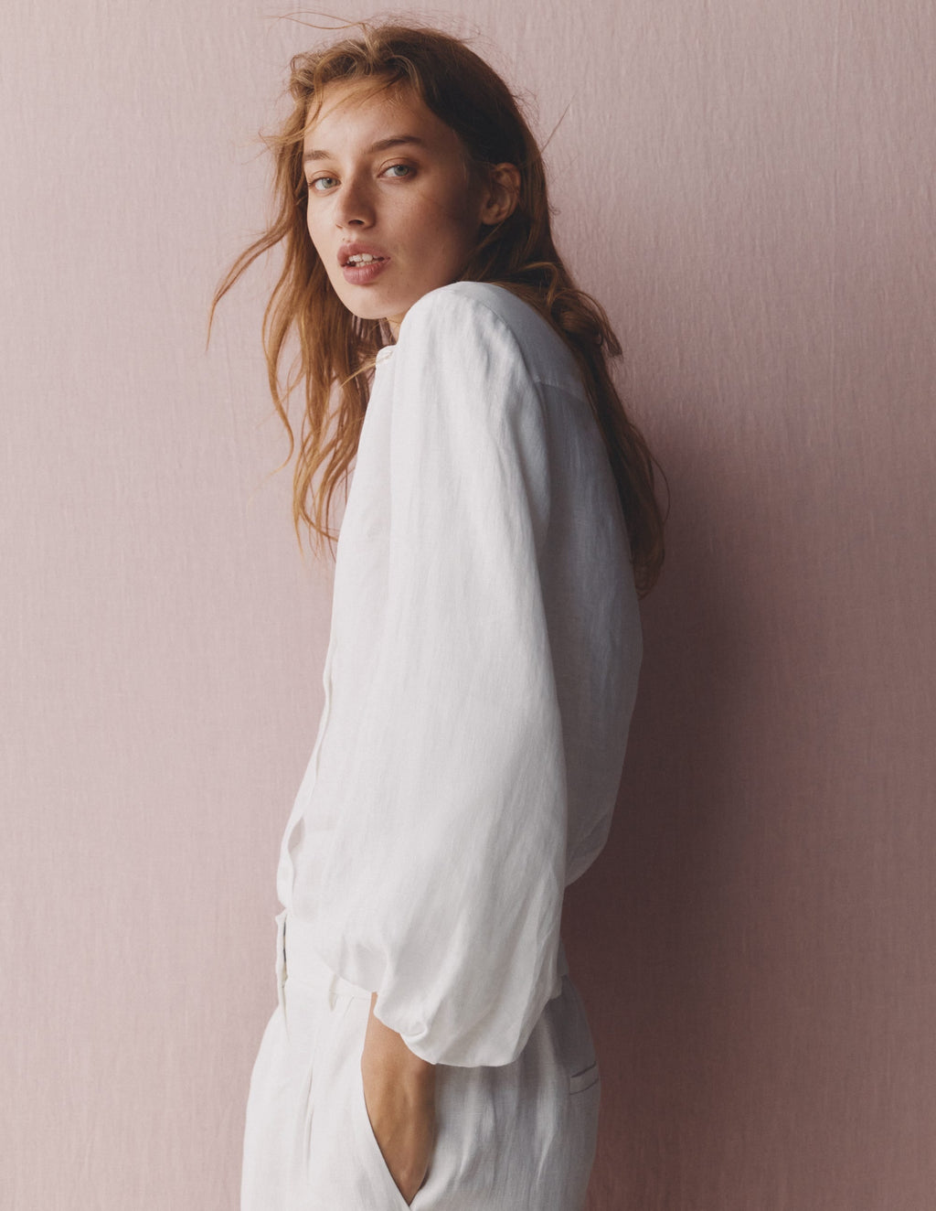 Puff Sleeve Linen Shirt-White
