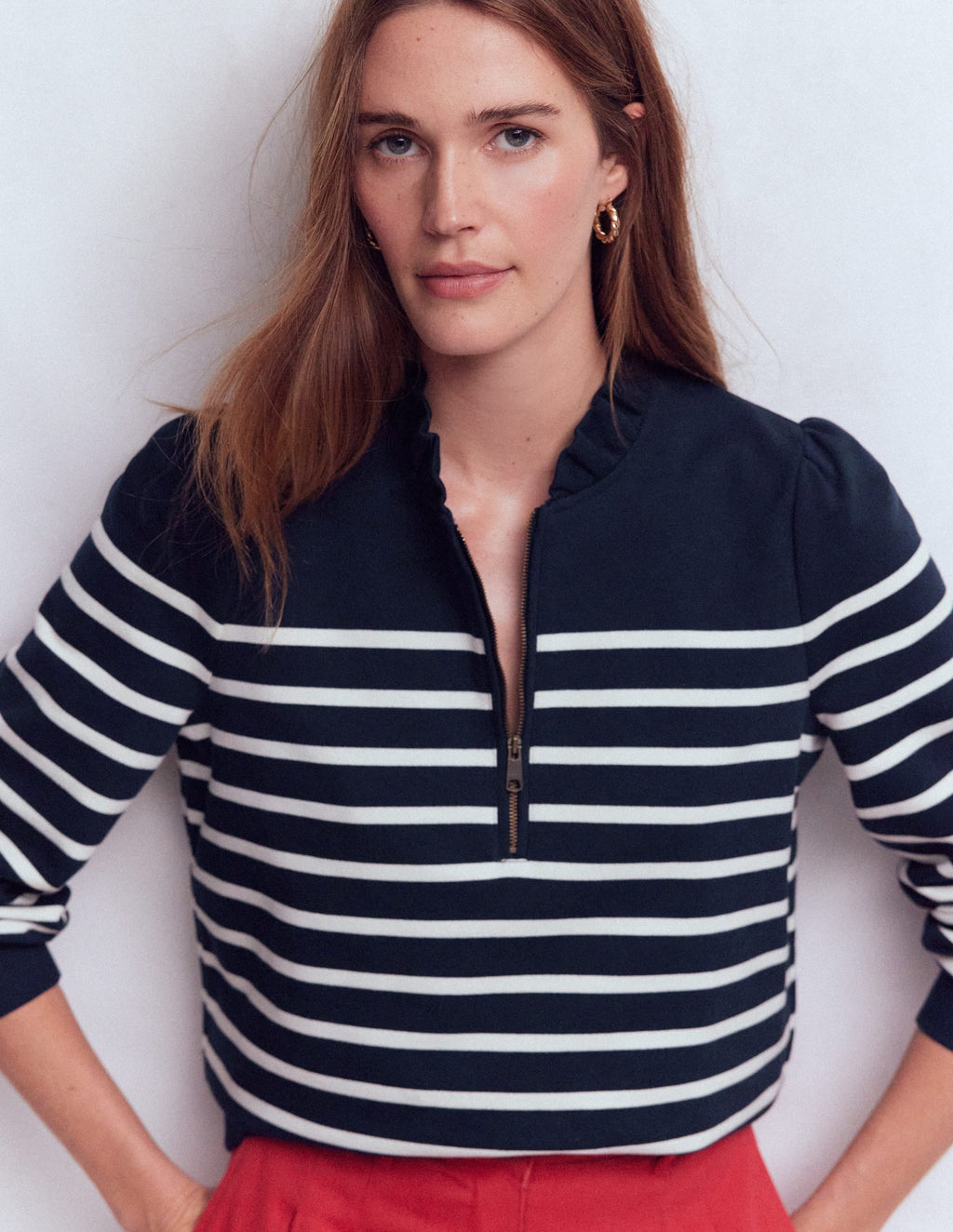 Half-Zip Frill Sweatshirt-Placement Stripe