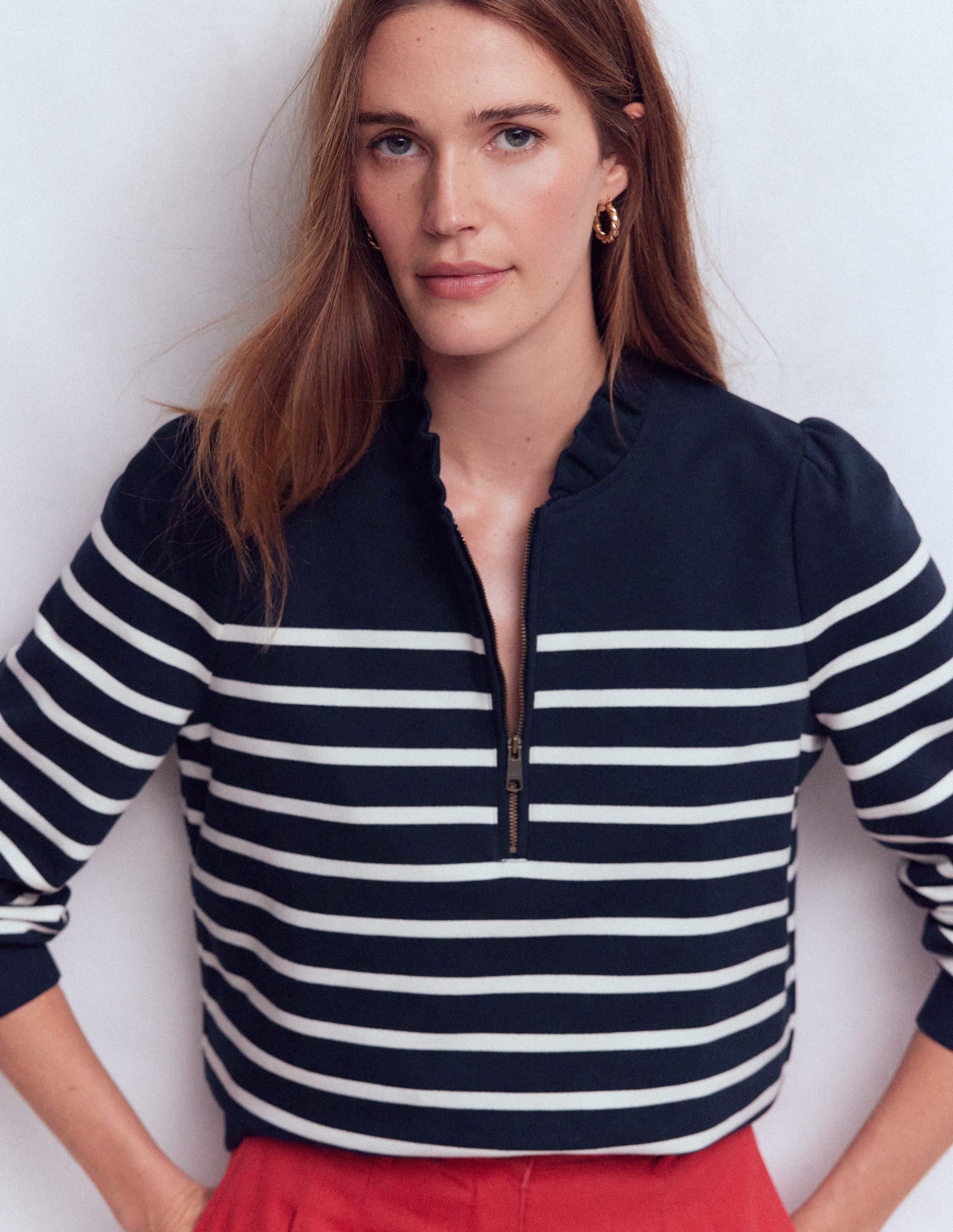 Half-Zip Frill Sweatshirt-Placement Stripe