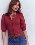 Evie Ribbed Puff Sleeve Top-Terracotta Red