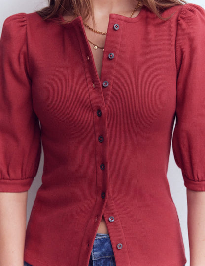 Evie Ribbed Puff Sleeve Top-Terracotta Red