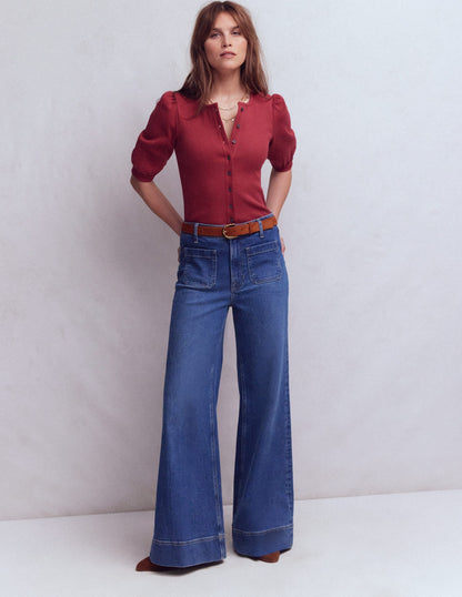 Evie Ribbed Puff Sleeve Top-Terracotta Red