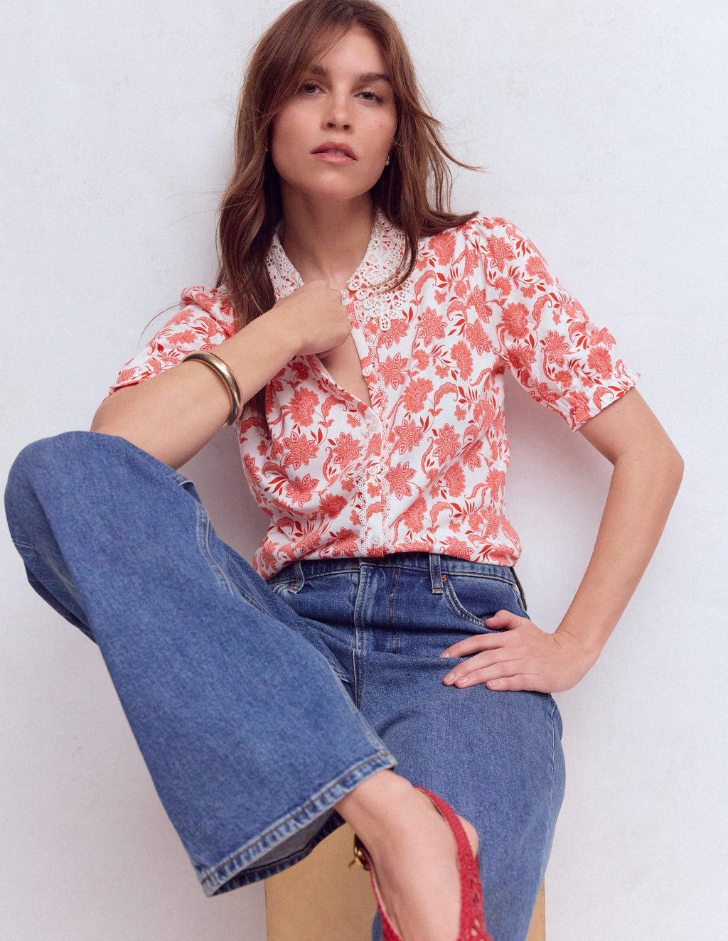 Nessa Broderie Collar Blouse-Pink Floral