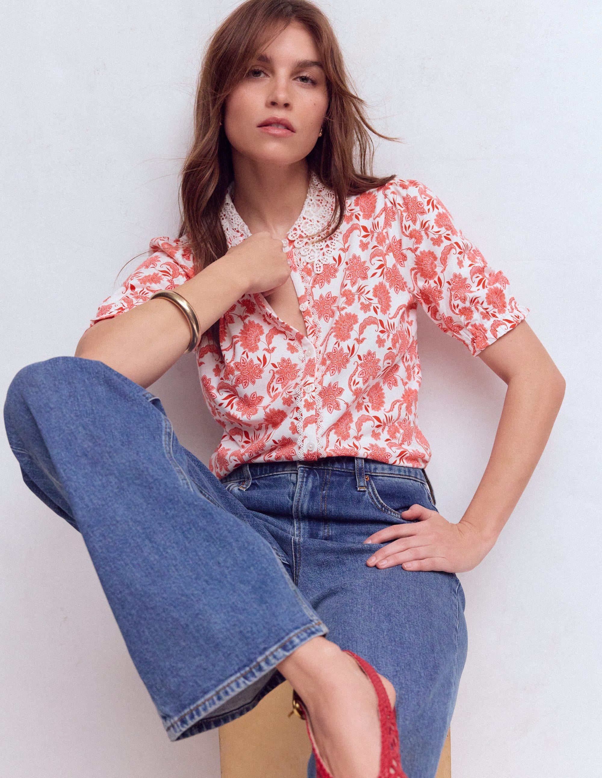 Nessa Broderie Collar Blouse-Pink Floral
