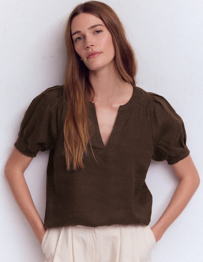 Rae Linen Top-Brown