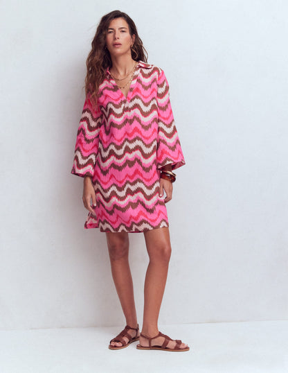 Carmen Linen Short Dress-Pink, Zig Zag Wave