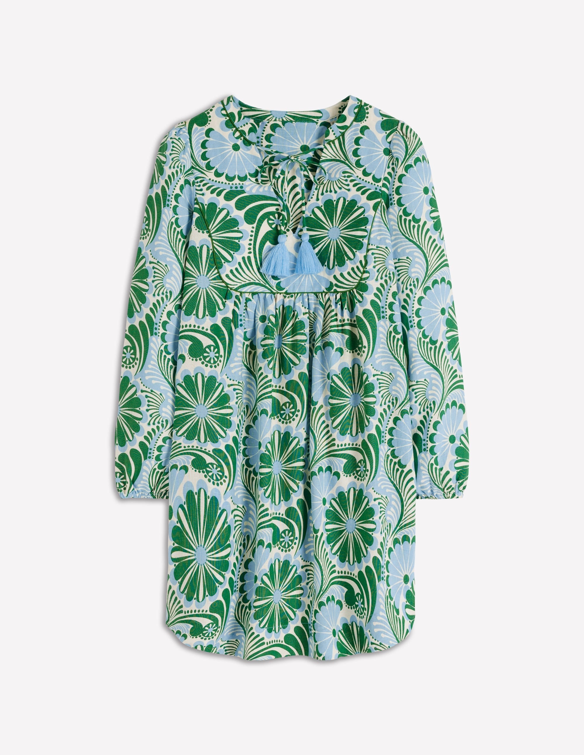 Pia Linen Yoke Tassel Dress-Blue Euphoric Garden