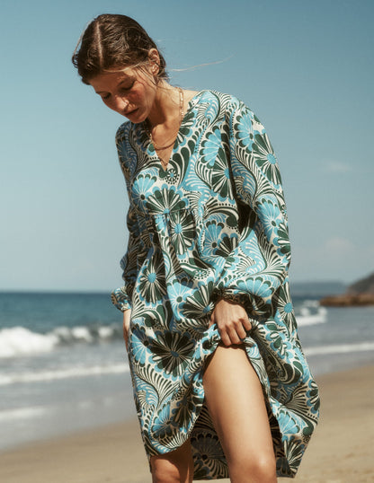 Pia Linen Yoke Tassel Dress-Blue Euphoric Garden