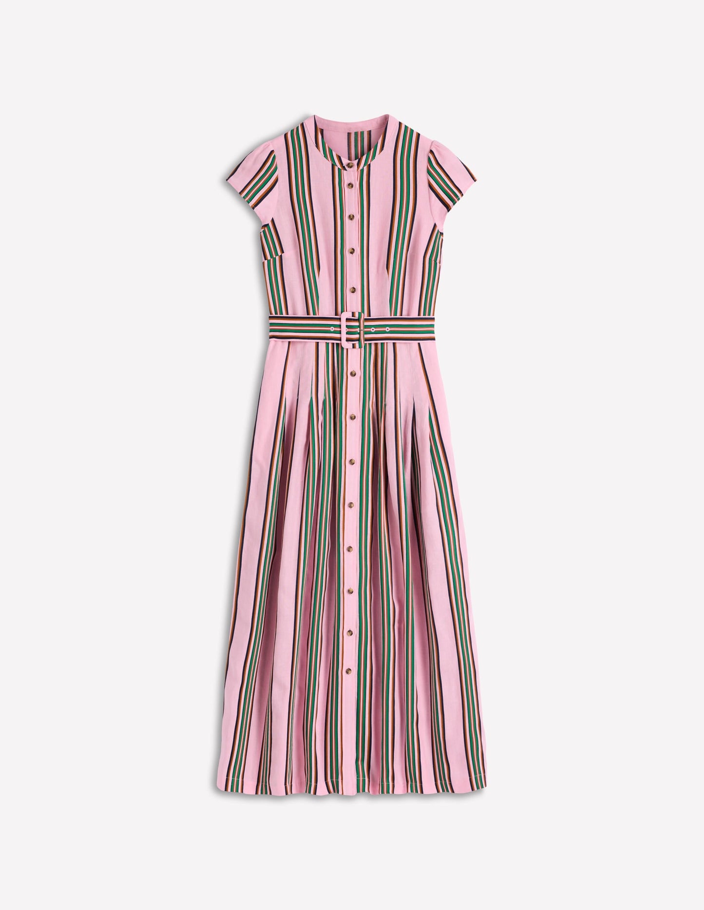 Arabella Linen Blend Dress-Pink, Rich Emerald Stripe