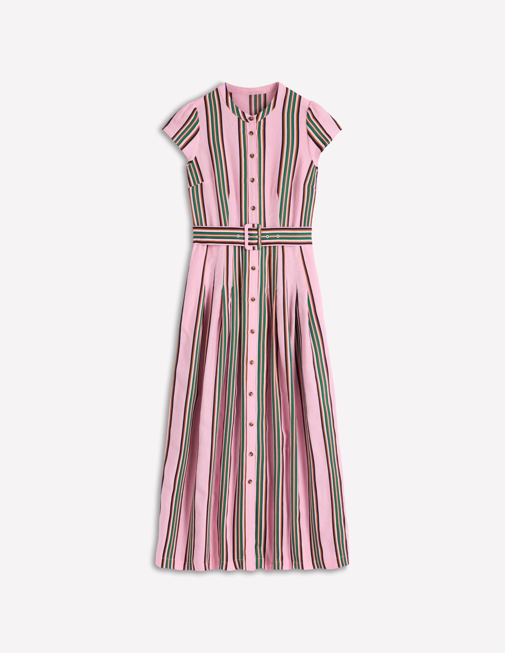Arabella Linen Blend Dress-Pink, Rich Emerald Stripe