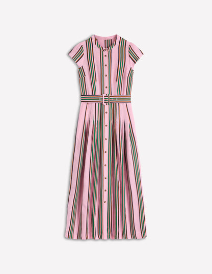 Arabella Linen Blend Dress-Pink, Rich Emerald Stripe