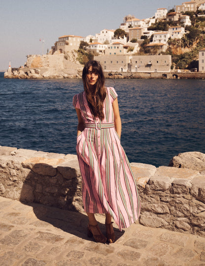 Arabella Linen Blend Dress-Pink, Rich Emerald Stripe