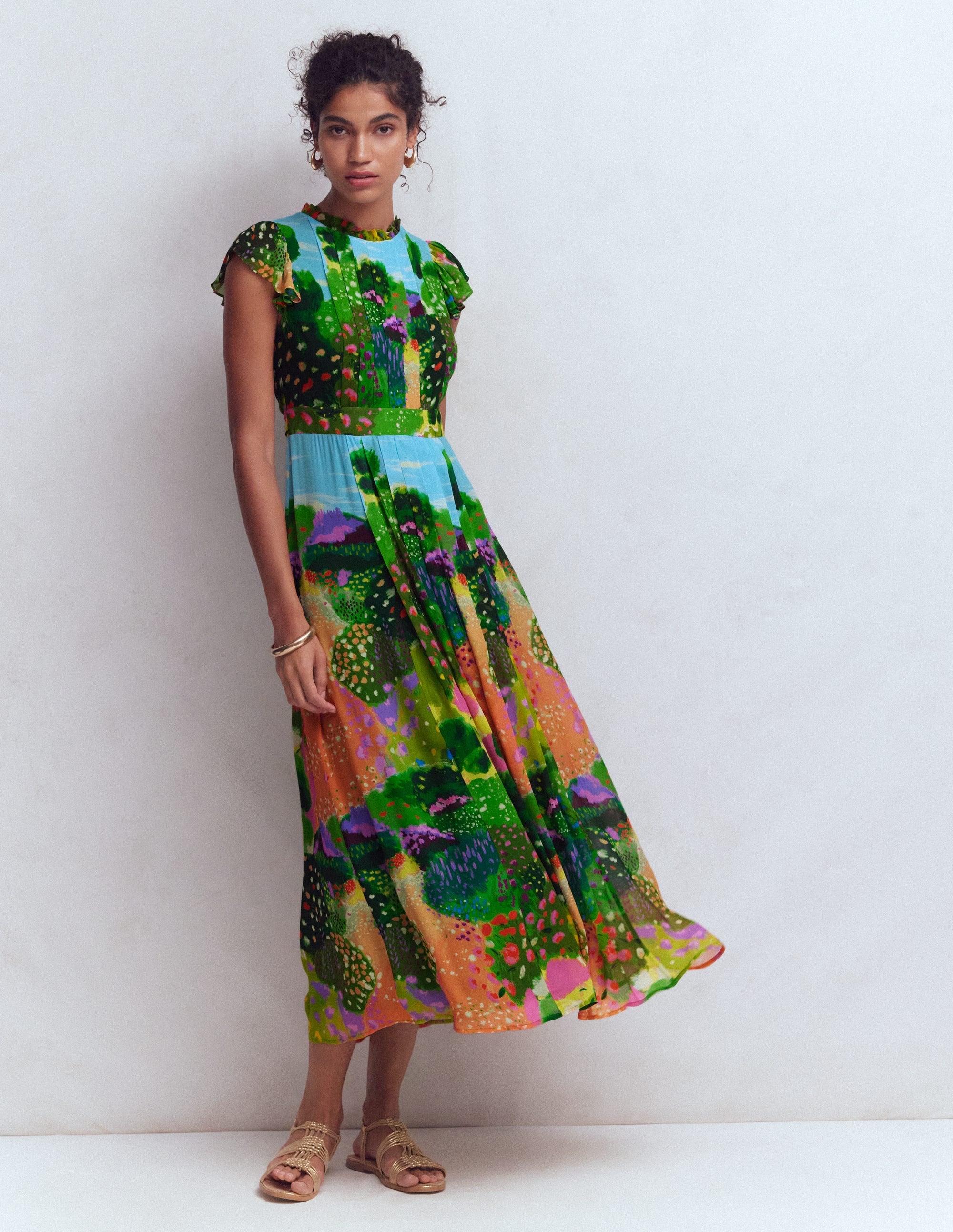 Pleat Ruffle Maxi Dress-Multi, Garden Path