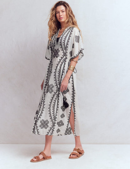 Side Tie Kaftan Dress-White Black Embroidered