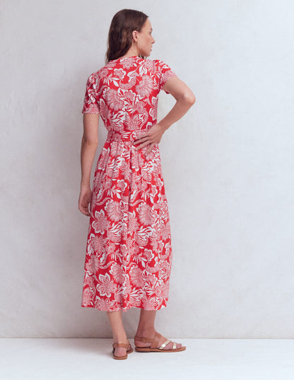 Naomi Jersey Midi Dress-Blood Orange, Elegant Blossom