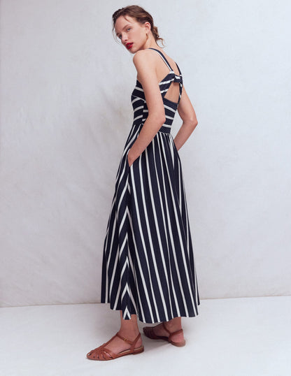 Saoirse Smock Back Dress-Navy, Ivory Stripe