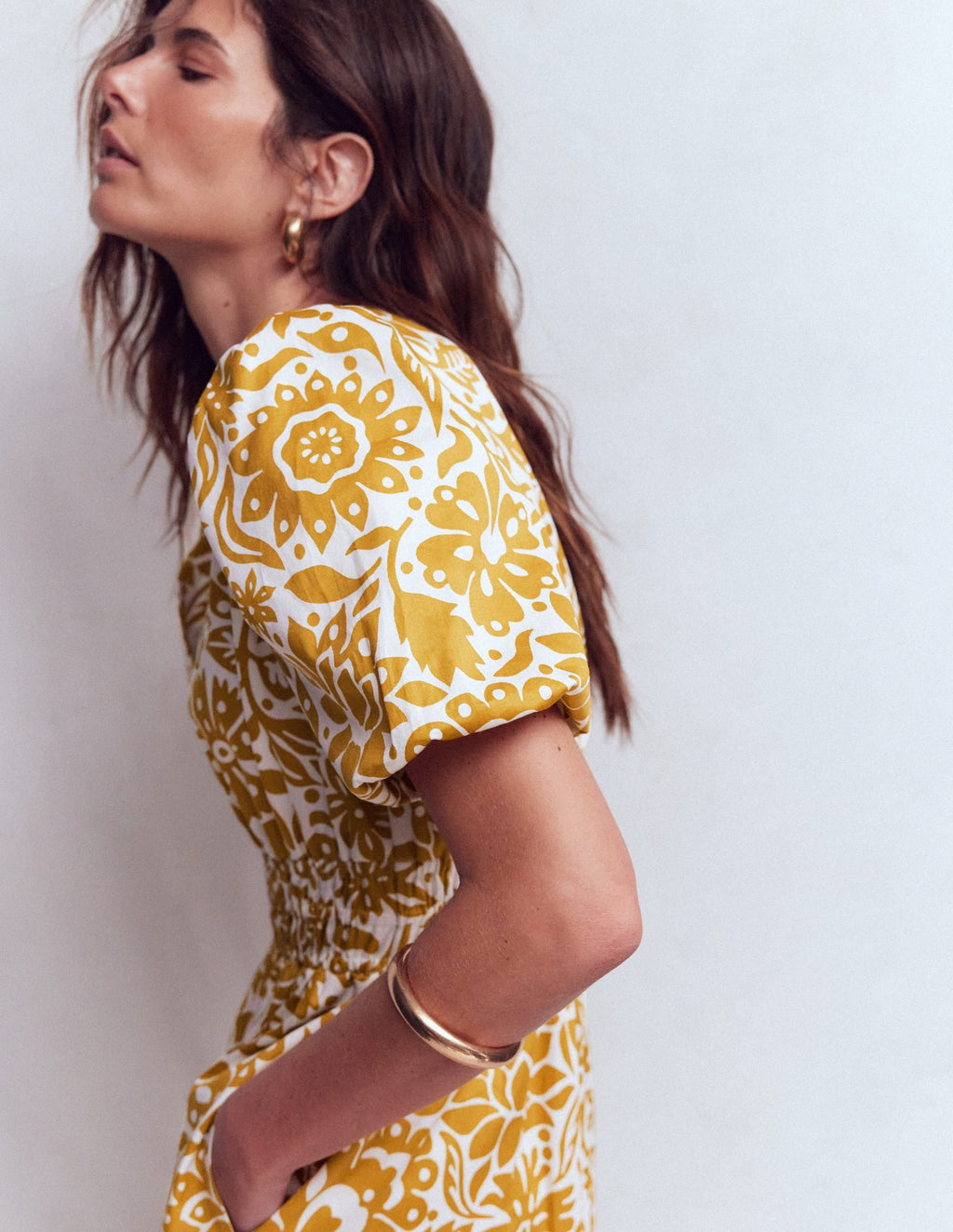 Irene Puff Sleeve Cotton Dress-Gold Wheat, Meadow Scatter