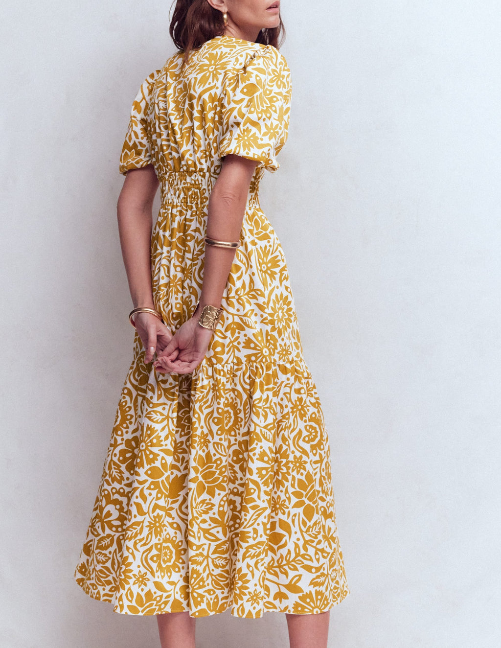 Irene Puff Sleeve Cotton Dress-Gold Wheat, Meadow Scatter